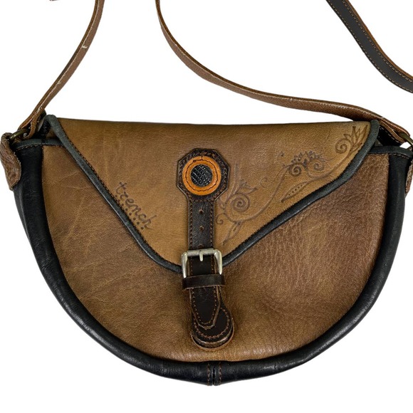 Artisan Tooled Leather Crossbody Bag Brown Butter Soft Utility Grunge Boho - Picture 2 of 5